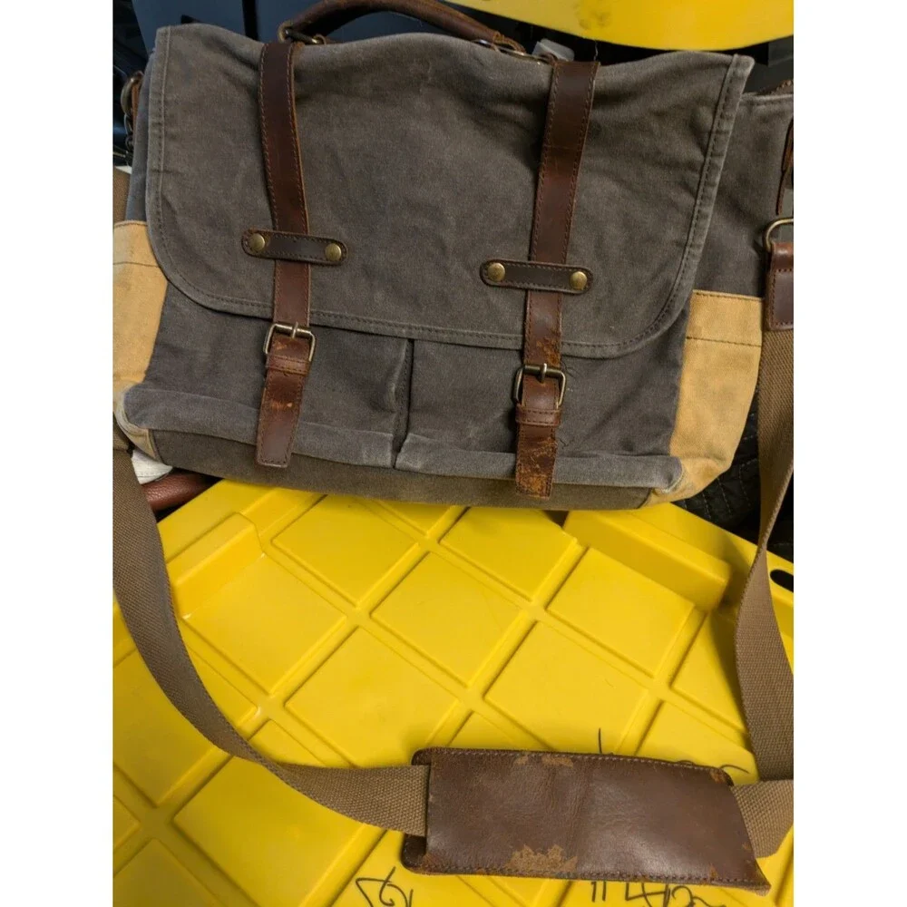 Messenger Bag Gray Canvas Brown Leather Satchel Cross Body Shoulder